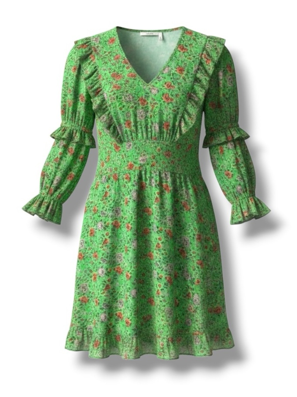 BANJANAN Green Floral Mini Dress Cotton Bishop Sleeves Boho Bohemian Fairy Small